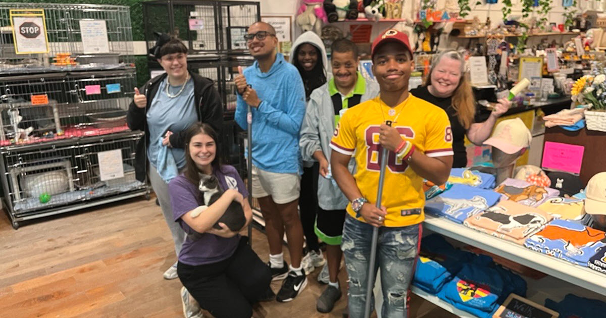 7 members of living boldly volunteering at a pet rescue in Annapolis