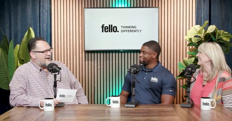 Three people siting at a desk for the Fello Thinking Differently podcast with the title Port Street Commons's First Year