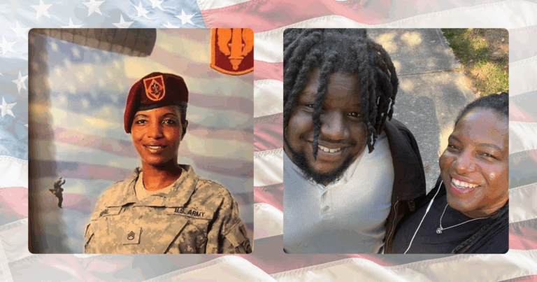 A graphic with the Amerivcan Flag in the background. Tabitha, an Army veteran (picture on the right) who served for 20 years and now brings that same dedication to supporting her son at Fello. Tabitha with her son smiling for the camera on the right side of the graphic.