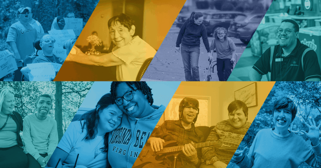 Collage of diverse people in various settings, including indoor and outdoor scenes, depicted in a spectrum of blue and gold hues.