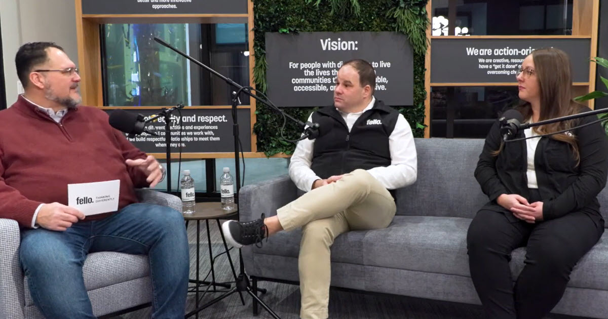 three people sitting in a room with microphones and the words Fello Thinking Differently, Fello at The Mall a conversation with Jonathon Rondeau & Sara Pease