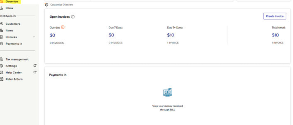 Screenshot of the BILL account dashboard on the Overview page. The Customer Overview section displays Open Invoices with $0 overdue, $0 due in 7 days, and $10 due in 7+ days (1 invoice), with a total owed of $10. A “Create Invoice” button appears on the right. The left sidebar menu includes Inbox, Customers, Items, Invoices, Payments In, Tax management, Settings, Help Center, and Refer & Earn.