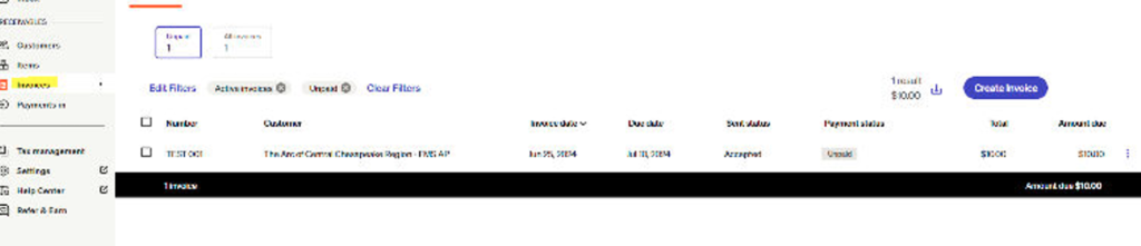 Screenshot of the BILL Invoices page displaying one invoice in the list. The invoice shows a customer name, invoice and due dates, status marked as approved and unpaid, with a total of $10.00 and an amount due of $10.00. A “Create Invoice” button appears on the right, and the left sidebar includes navigation options such as Customers, Items, Invoices, and Payments In.