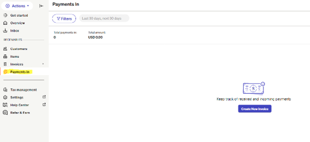 Screenshot of the BILL “Payments In” page showing zero total payments and a total amount of USD 0.00. A Filters button and date range option are visible at the top. The left sidebar menu highlights “Payments In,” and a prompt on the right encourages creating a new invoice with a “Create New Invoice” button.