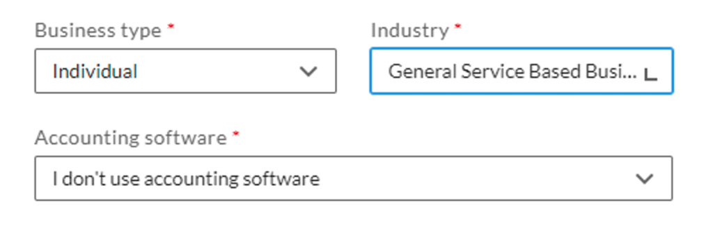 Screenshot of an online form showing dropdown fields for “Business type” set to “Individual,” “Industry” set to “General Service Based Business,” and “Accounting software” set to “I don't use accounting software.” Required fields are marked with red asterisks.
